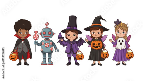 Halloween Characters in Costume: A whimsical group of children dressed in vibrant costumes, each embodying a classic Halloween character in a festive display of joyful trick-or-treating anticipation.
