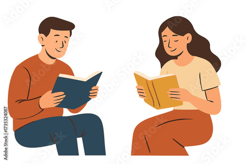 Man and woman reading books set. Young couple sitting and studying together. People enjoying literature, hobby or leisure. Education, knowledge concept. Flat vector illustration.