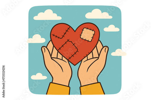 Hands holding patchwork heart. Symbol of love, charity, donation. Vector retro illustration for mending a broken heart. Psychology, mental health, support and kindness concept.