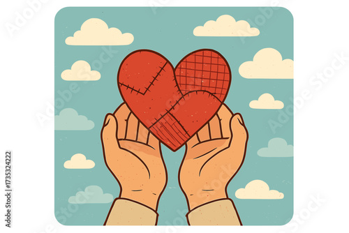 Hands giving red patchwork heart. Vector flat retro illustration. Concept of charity, love, sincerity, donation, support, compassion and help. Holding a mended, broken heart.