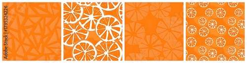 Four vertical panels with abstract orange and white patterns