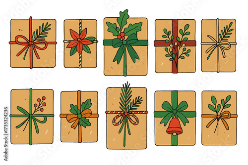 Set of 10 Christmas gifts decorated with festive plants, green and red ribbons, recycled wrapping paper, vintage hand-drawn style, cozy hygge holiday presents, colorful flat vector doodle illustration
