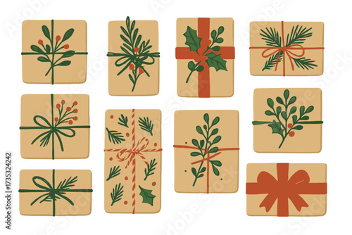 Set of 10 Christmas gift boxes decorated with green plants, holly, ribbons and recycled vintage wrapping paper, hygge hand-drawn style, flat colorful doodle festive vector illustration
