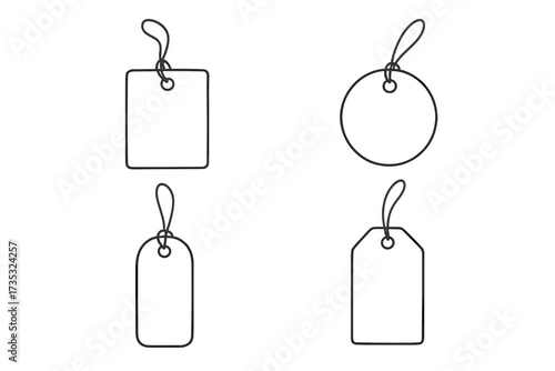 Set of blank dangling paper and cloth labels, price tags collection, hanging label templates, hand drawn vector illustration for design and advertising, cartoon style