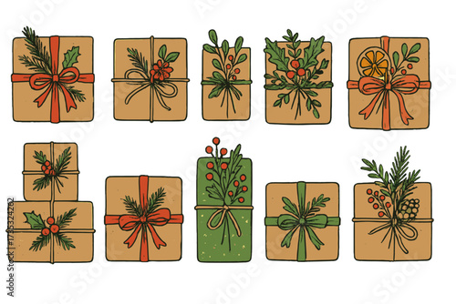 Set of 10 Christmas gifts wrapped in recycled paper with green foliage, red berries, ribbons and dried orange slices, vintage hand-drawn style, cozy hygge holiday packaging, vibrant flat vector design