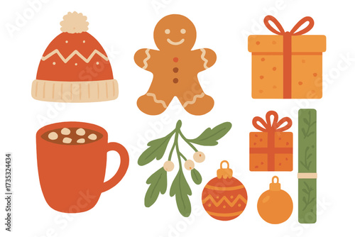 Set of Christmas holiday design elements with knitted hat, gingerbread cookie, mistletoe, wrapped gifts, hot cocoa cup with marshmallows, festive baubles, hand-drawn winter celebration graphics