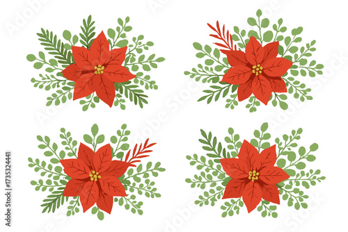 Set of Christmas bouquets with red poinsettia flowers, fir branches, Agonis leaves, seeded eucalyptus, and emerald parvifolia greenery, festive holiday floral arrangement, flat style set