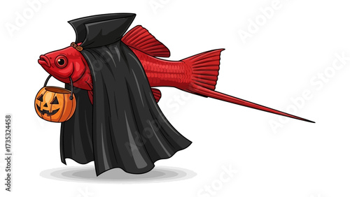 Spooky Costume Fish: A whimsical illustration of a vibrant red fish dressed in a Dracula costume holding a carved pumpkin lantern, a playful and festive emblem of Halloween.