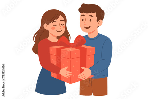 Man and woman in love holding a big gift box. Boyfriend and girlfriend giving presents. Romantic relationship concept for Valentine's day, anniversary or birthday greeting.