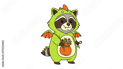 Adorable Raccoon in Dragon Costume: A charming cartoon raccoon dressed in a delightful dragon costume, clutching a bag of treats and embodying a sense of playful fun and whimsy.