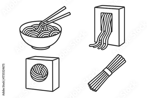 Set of soba noodles in bowl and packaging boxes, flat line style vector illustration, linear doodle collection of Japanese buckwheat noodles, food concept, vector cartoon