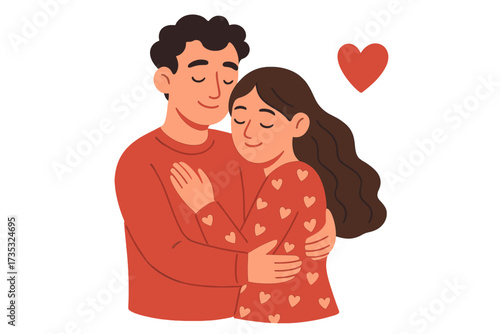 Romantic couple hugging. Man and woman in love embrace. Relationship, affection, tenderness concept. Valentine's day greeting card. Flat vector cartoon illustration isolated.