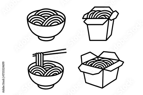 Set of soba noodles in bowl and takeout boxes, flat line style vector illustration, linear doodle collection, Japanese food, noodle bowl, Asian cuisine, takeout container, cartoon vector