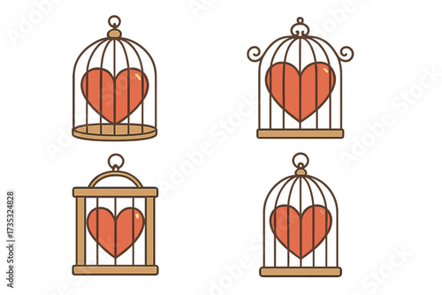 Heart in a cage vector set. Metaphor for trapped, protected, or unrequited love. Romantic icon collection for Valentine's Day or wedding. Flat design love symbol illustration.