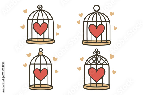 Set of hearts in birdcages. Metaphor for trapped or protected love. Romantic symbol for Valentine's Day card, wedding invitation. Vector flat cartoon icon collection.