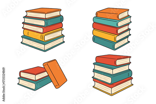 Colorful stacked books set isolated on white background, hand-drawn educational flat vector illustration, pile of vibrant textbooks, World Book Day concept, reading and knowledge
