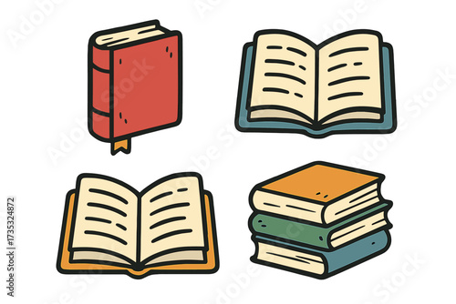 Set of hand-drawn flat vector book icons, trendy cartoon style illustration with transparent background, including open and closed books, stacked book collection, educational reading symbols