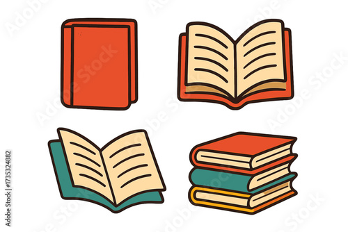 Set of hand-drawn flat vector book icons, open and closed books, stacked colorful books illustration, trendy cartoon style, educational and reading concept, transparent background