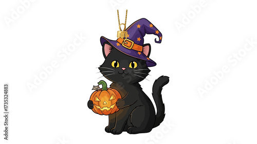 Black cat with Pumpkin & Witch Hat: A charming cartoon of a sleek black cat, adorned in a witch hat and clutching a jack-o'-lantern, embodies the whimsical spirit of Halloween.