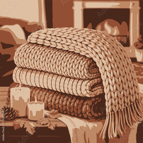 Cozy autumn scene with chunky knit blankets lit candles pinecone and fallen leaves by a fireplace