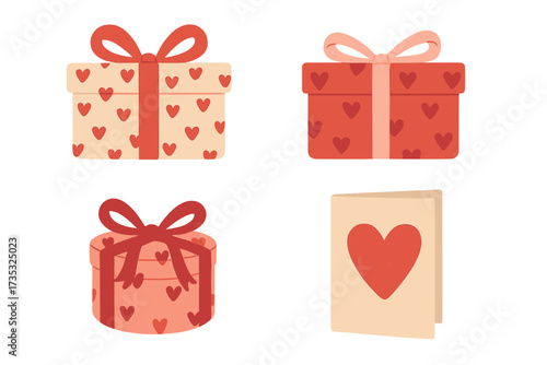 Collection of Valentine's day presents. Set of isolated wrapped gift boxes with hearts and ribbons. Romantic greeting card. Hand drawn flat vector illustration for holiday design.