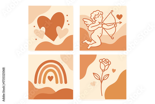 Valentine's Day cards set. Abstract modern boho illustration collection. Hand drawn vector with cupid, love heart, rose, rainbow. Bohemian square banners for 14 February.