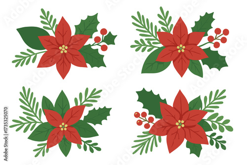 Red Poinsettia Flower Christmas Greeting Card Set with Holly Berries, Seasonal Green Leaves, Festive Winter Plants Vector Illustration Collection Editable Elements
