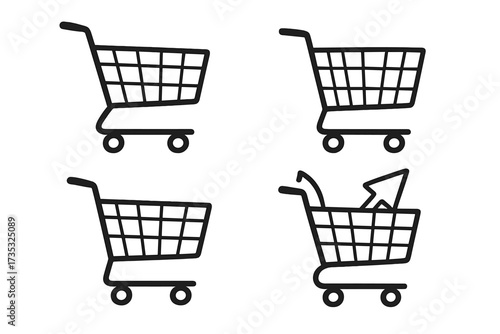 Hand drawn shopping carts set, isolated on white background, linear doodle style, sale symbol, simple black outline, modern vector cartoon illustration with transparent background