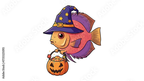 Halloween Fish: A whimsical, cartoonish illustration of a cheerful fish dressed in a witch hat and carrying a carved pumpkin treat basket, embodying Halloween fun.