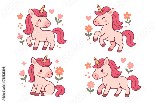 Cute pink unicorns with magenta mane and tail set, whimsical fantasy magical creatures in various poses, floral hearts decoration, adorable cartoon vector clipart for kids and fantasy themes