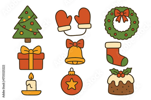 Modern flat hand-drawn Christmas icons set, holiday decoration collection with Xmas tree, mittens, wreath, gift box, bell, stocking, candle, ornament, festive pudding