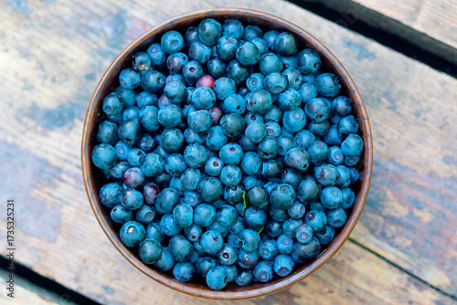 Ripe healthy blueberries lie in a clay bowl.
