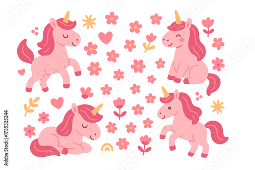 Cute pink unicorns with magenta mane and tail in playful poses, isolated on white background with decorative flowers, hearts, and abstract elements, vector clipart set