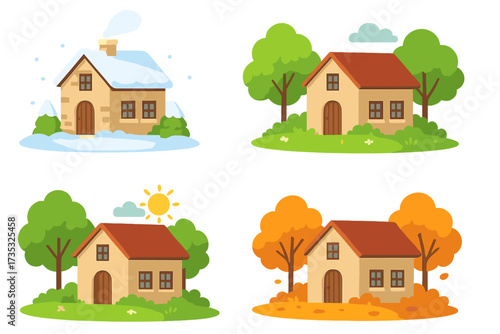 Stone house in different seasons winter spring summer autumn, charming countryside home landscape, weather variations, seasonal nature changes, cozy cartoon vector illustration