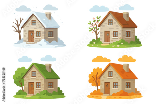 Stone house in different seasons winter spring summer autumn, seasonal weather types, nature changes, cozy countryside home illustration, flat vector cartoon set