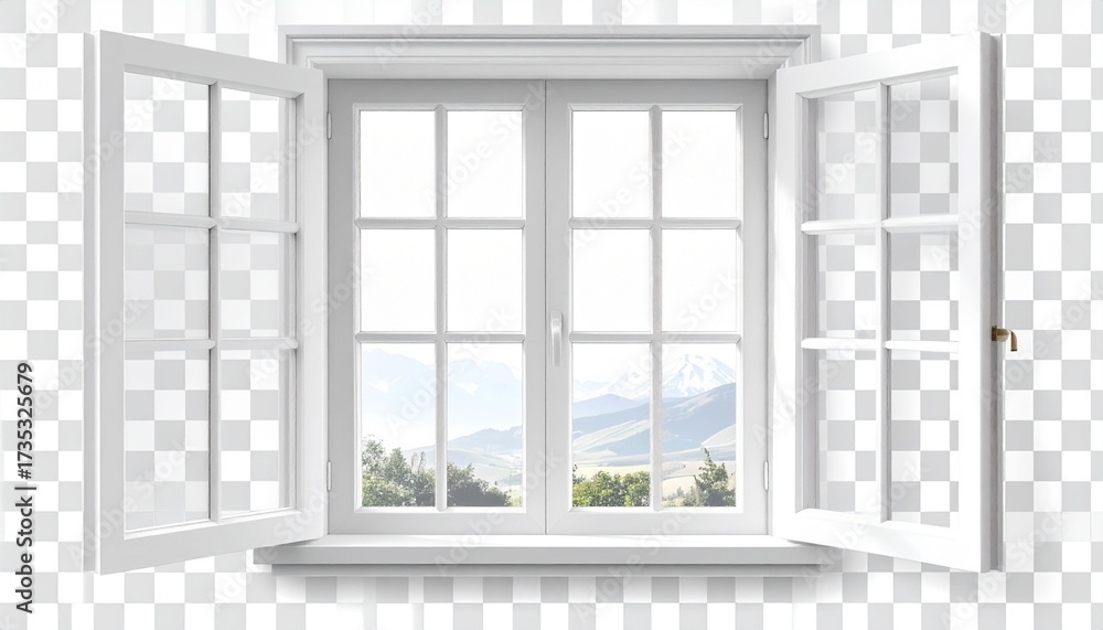 Fototapeta premium White-framed window with open side panels and grid panes, revealing scenic mountain and greenery view, isolated on transparent background for nature-themed design and interior visualization.