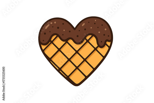 Heart-shaped waffle with chocolate glaze, hand-drawn pastry vector illustration, sweet dessert design for bakery logos, labels, badges, love and food concept