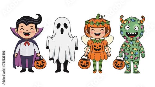Spooky Squad: Captivating illustrations of Halloween characters in festive costumes, ready for a night of trick-or-treating.