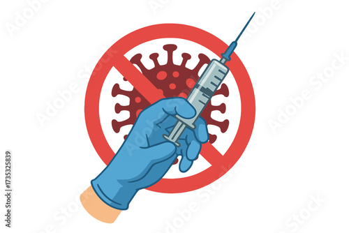 Stop coronavirus vaccination logo with hand in medical glove holding syringe and needle, Covid-19 vaccine symbol, antiviral protection, healthcare poster vector design