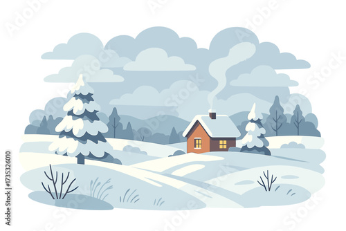 Winter meadow landscape with small cozy house and smoking chimney, snow-covered terrain with pine trees, clouds, scenic rural nature, flat style vector cartoon illustration