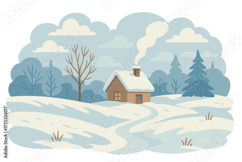 Winter meadow landscape with cozy small house and chimney smoke, snowy terrain with bare and pine trees, cloudy sky, flat style vector cartoon illustration for nature and season scenes
