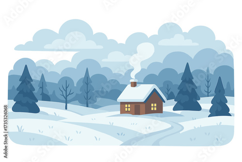 Winter meadow landscape with cozy small house and chimney smoke, snowy terrain with pine trees and clouds, scenic flat style vector cartoon illustration