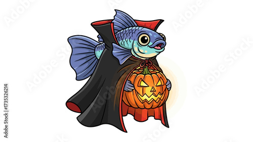 Halloween Fish Illustration: An animated illustration captures a whimsical, cartoonish fish costumed for Halloween, holding a glowing jack-o'-lantern. 