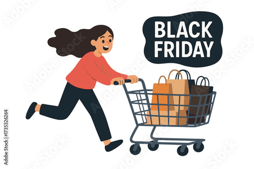 Young girl running with shopping cart full of bags during Black Friday sales, big discounts, store reopening after quarantine, excited shopper, flat vector illustration