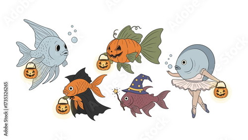 Halloween Fish: A charming illustration showcasing adorable fish in creative costumes, each holding a festive lantern, exuding spooky fun for a Halloween celebration.