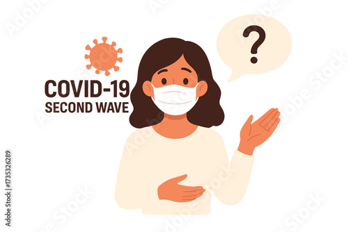 Young woman in white medical face mask asking question about Covid-19 second wave, coronavirus protection concept, virus prevention, pandemic awareness, quarantine fear, health safety illustration