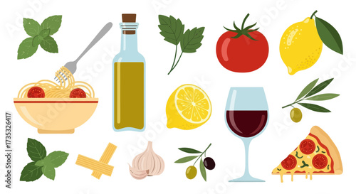 Collection of Italian food ingredients and dishes, including pasta, pizza, and wine.