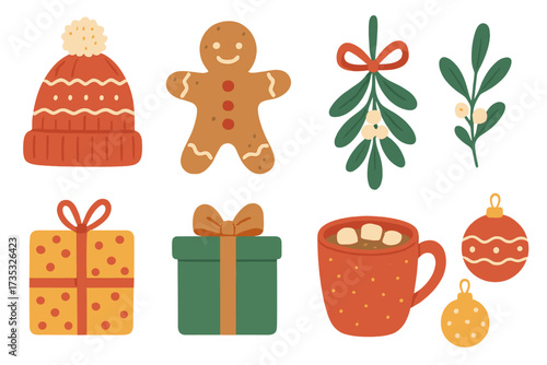 Hand-drawn Christmas design elements set with knitted hat, gingerbread man, mistletoe, wrapped gifts, hot cocoa cup, and festive baubles, holiday decorations flat illustration