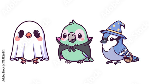 Spooky Birds' Gathering: In a charming display of seasonal delight, three cute birds dressed in Halloween costumes pose with endearing expressions, setting the stage for an enchanting spooky season.