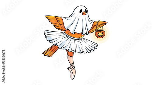 A Spooky Halloween Ballerina: A charming illustration features a bird transformed into a ghostly ballerina gracefully posed, blending Halloween spirit with ballet elegance, holding a jack-o'-lantern.